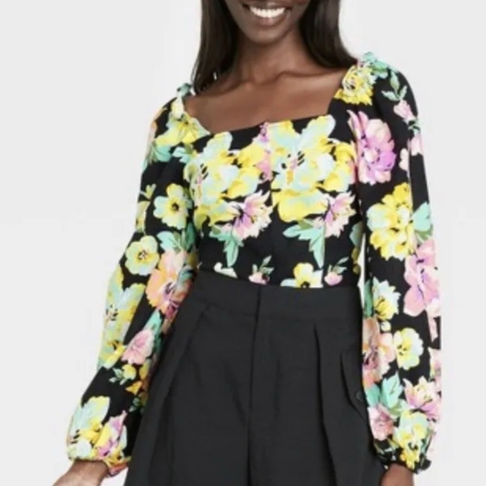 Who What Wear Linen Garden Floral Puff Shoulder‎ Balloon Sleeve Bardot Top Sz L